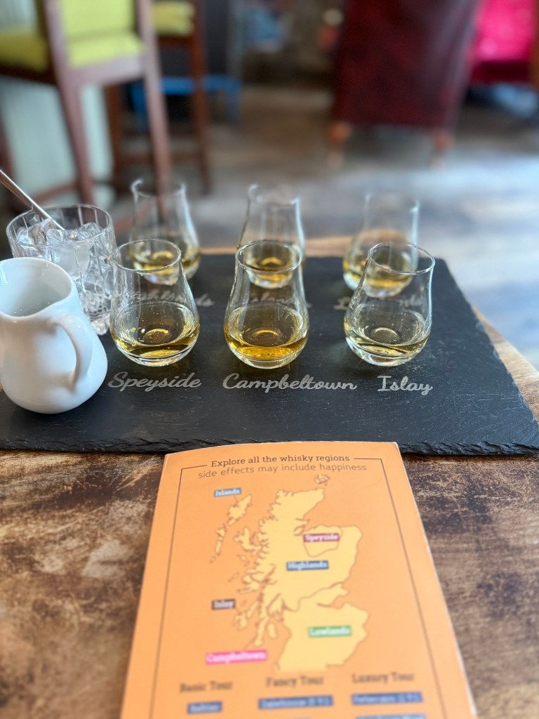 A Scotch tasting flight of Speyside, Campbeltown and Islay whiskies